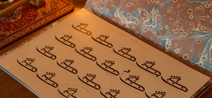 An Arabic calligraphy practice book open on a wooden desk, with rows of the same joined letters in black ink, each marked with small diamond-shaped measuring dots, beside a sheet of marbled paper