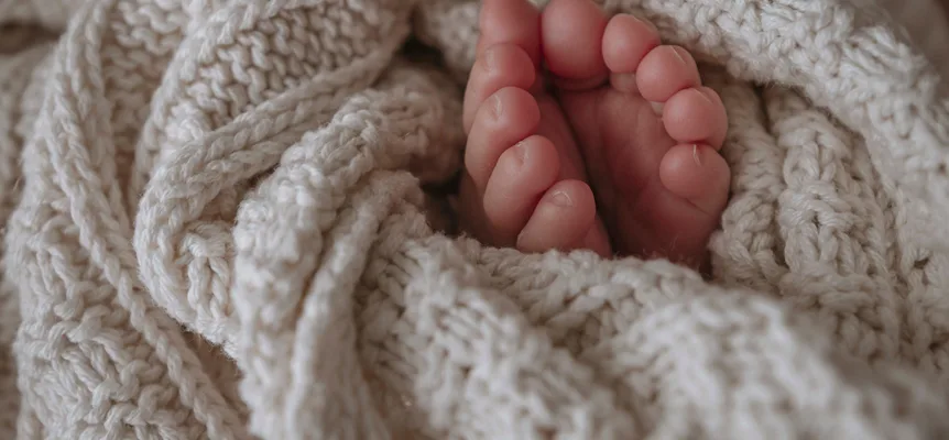 A baby's bare feet peeking out of a cream-coloured knitted blanket