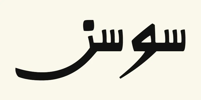 Le prénom Lily en arabe, سوسن, en lettres noires de style kano à la ligne de base épaisse de la police Alkalami, sur fond crème
