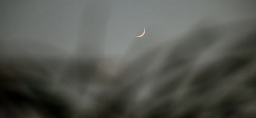 A thin crescent moon in a grey evening sky, seen past blurred blades of tall grass